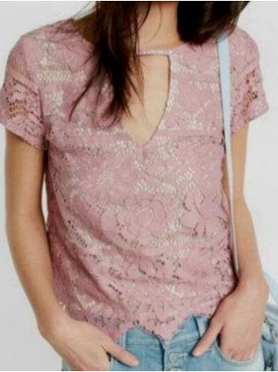 Express Tops - Express Mauve Purple Lace Overlay Peekaboo Neckline Short Sleeve Top
